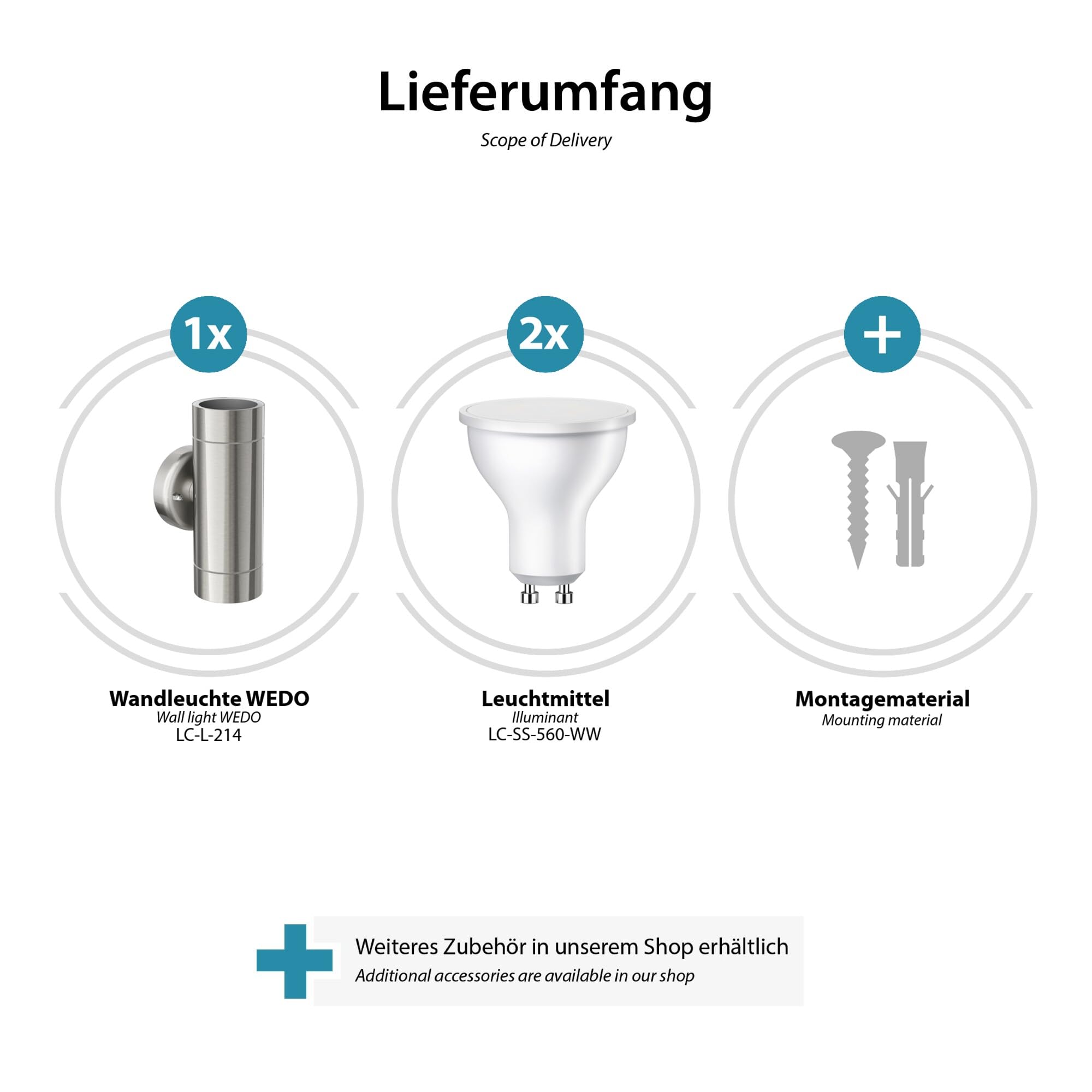 ledscom.de 6 applique WEDO per esterni, cromo opaco, acciaio inossidabile, IP44, a due luci, illuminazione verso l'alto e verso il basso, incluse 2 lampadine LED GU10 da 630 lm ciascuna, bianco caldo