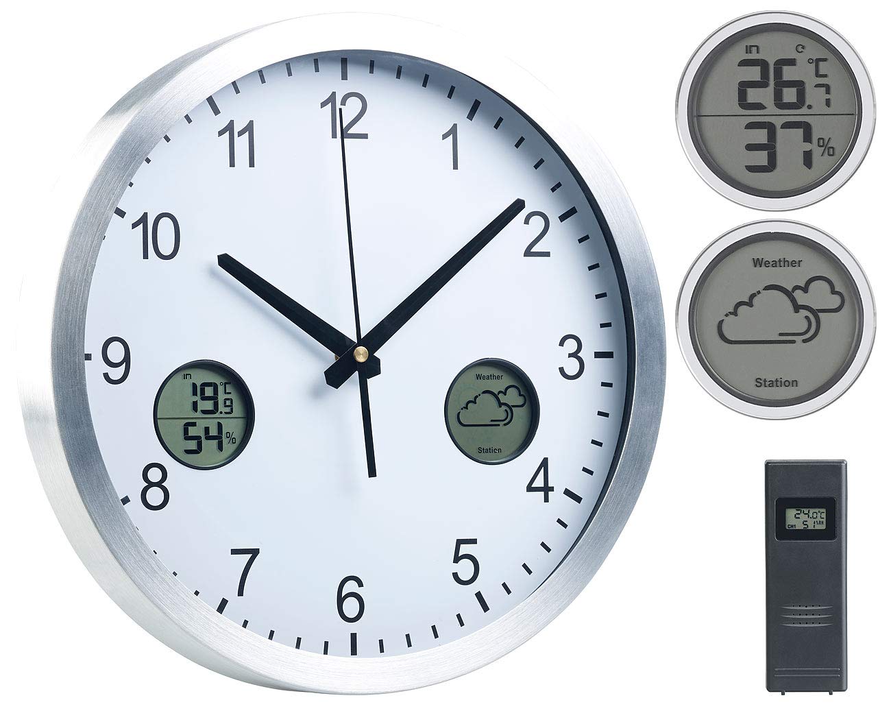 Funk-Wanduhr mit digitaler Wetterstation und Funk-Außensensor, DCF77