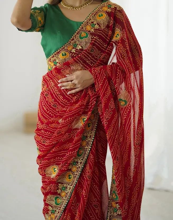 Image of Women's Georgette Bandhani Printed Embroidery Saree with Unstitched Blouse Piece