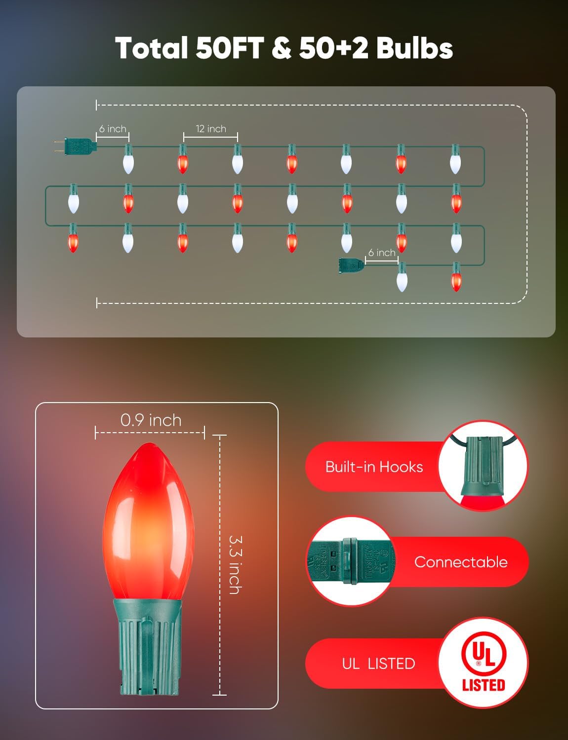 Vintage C9 LED Christmas Lights Outdoor, 50 Feet String with 50 Shatterproof Matte Bulbs, Connectable Waterproof Tree Lights for Holiday Roofline Backyard Garden Decor, Red & Pure White