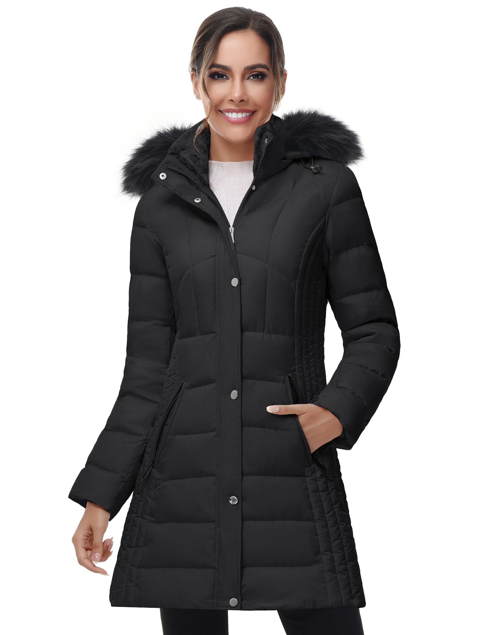 SLOW DOWN Women Winter Down Puffer Coat Warm Hooded Mid-Length Down Jacket for Women with Faux Fur Trim Hood and Pile Collar