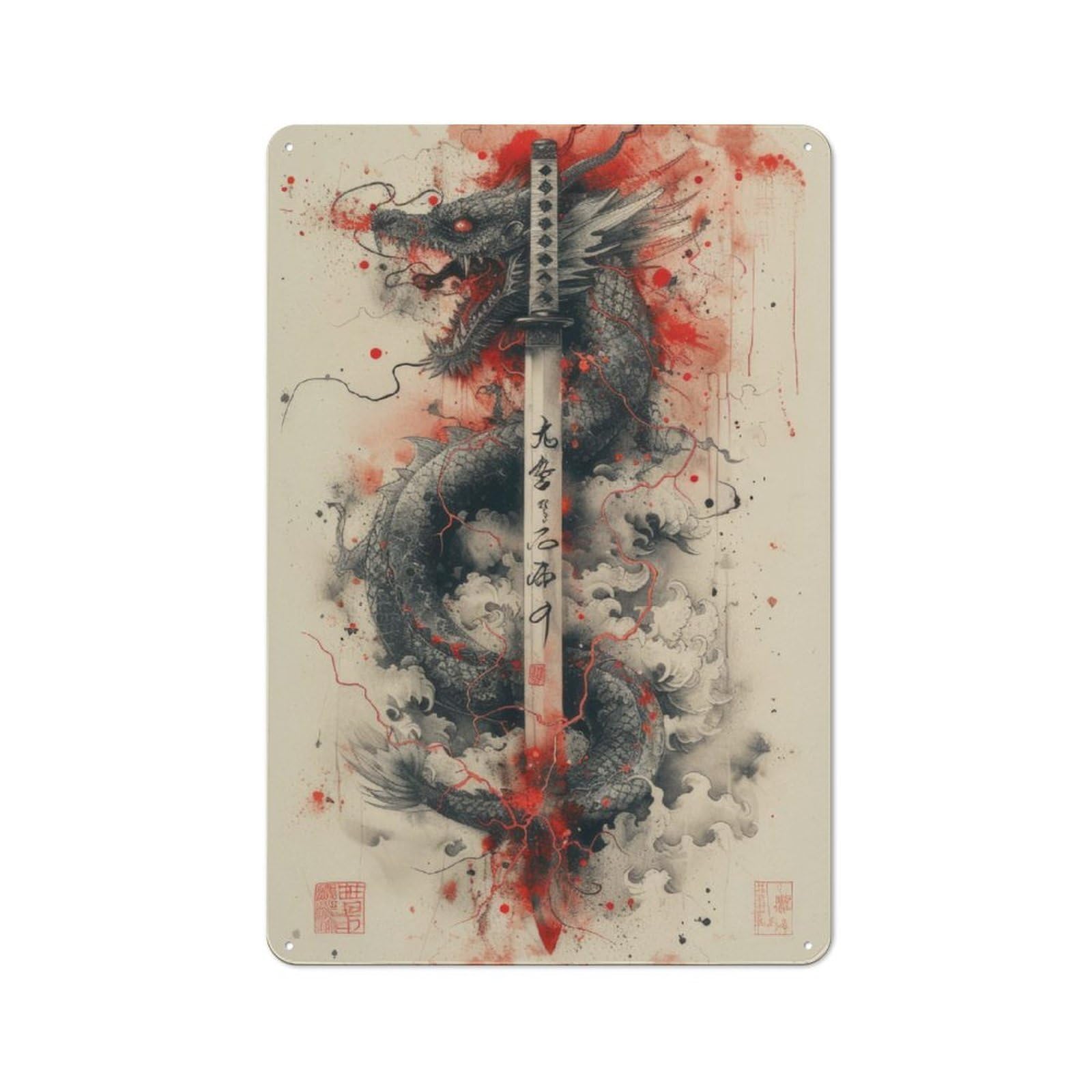 Junmoney Katana Of The Black Dragon Tin Wall Plaque 30X20cm With For Dining Room Or Kitchen, For Vintage Wall Decor Fans, For Themed Room Decoration