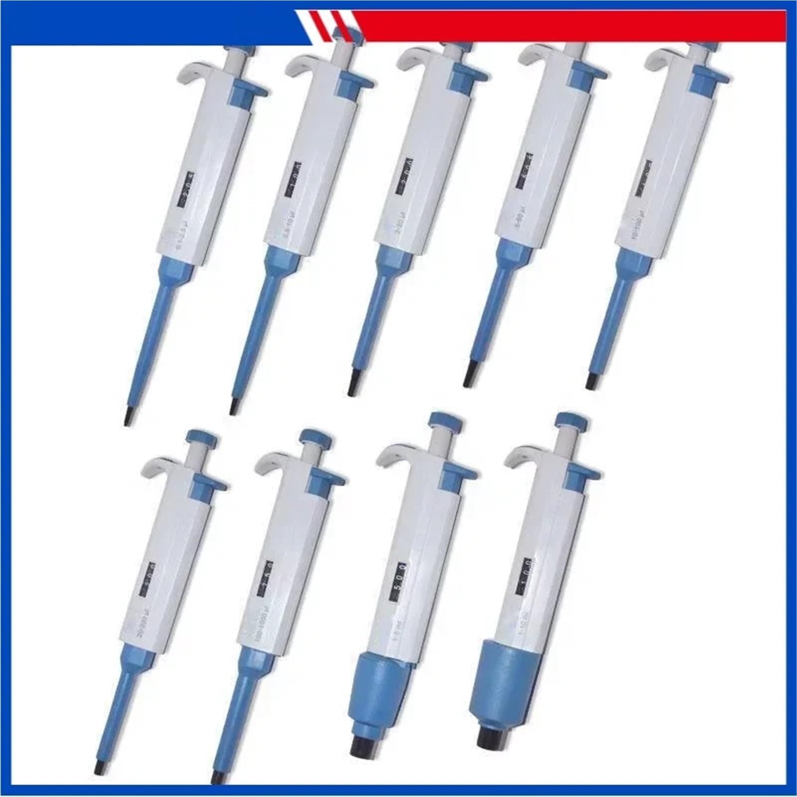 Lote de 5 pipetas mecánicas monocanal de Laboratorio de Varios volúmenes, de 0,1 ul a 10 ml.(1-5ml)