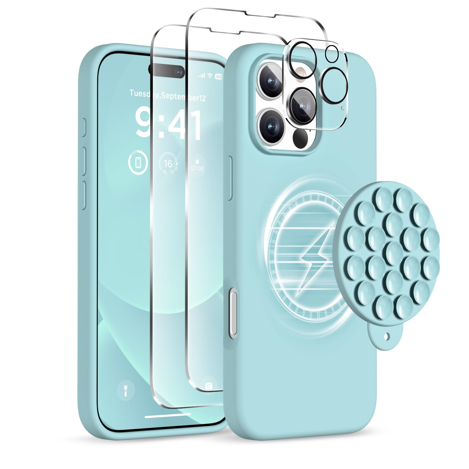 Magnetic for iPhone 16 Pro Max Case, Compatible with Magsafe, Suction Cup Phone Mount, [2 Screen Protectors][Camera Protector] Silicone Shockproof Protective Phone Cover 6.9", Light Cyan