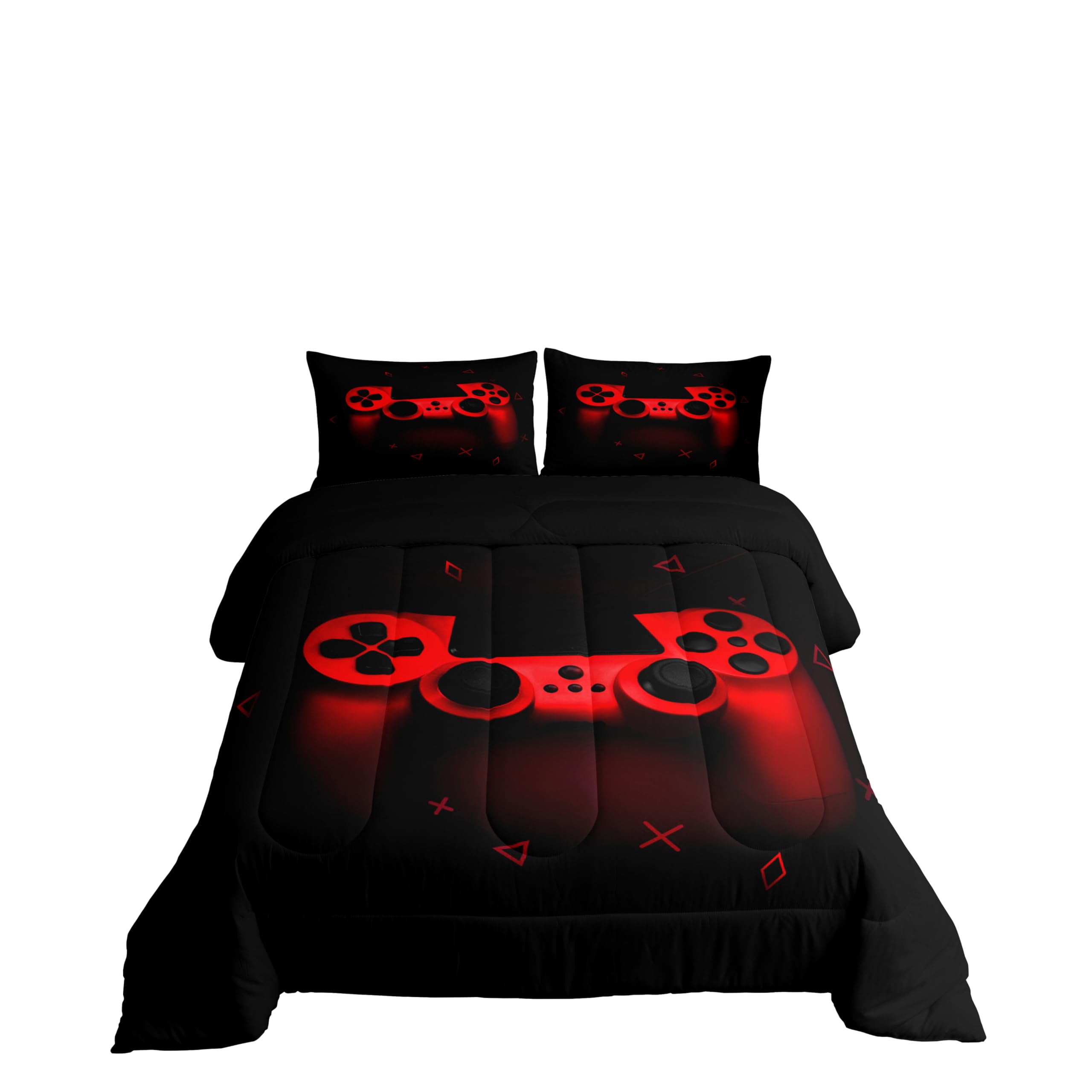 Boys Gamer Comforter Set Twin Size,Gamepad Bedding Set Kids Young Man Video Games Down Comforter for Teen Child Game Room Decor Black Red Classic Retro Gaming Quilted Duvet Set with Pillowcase