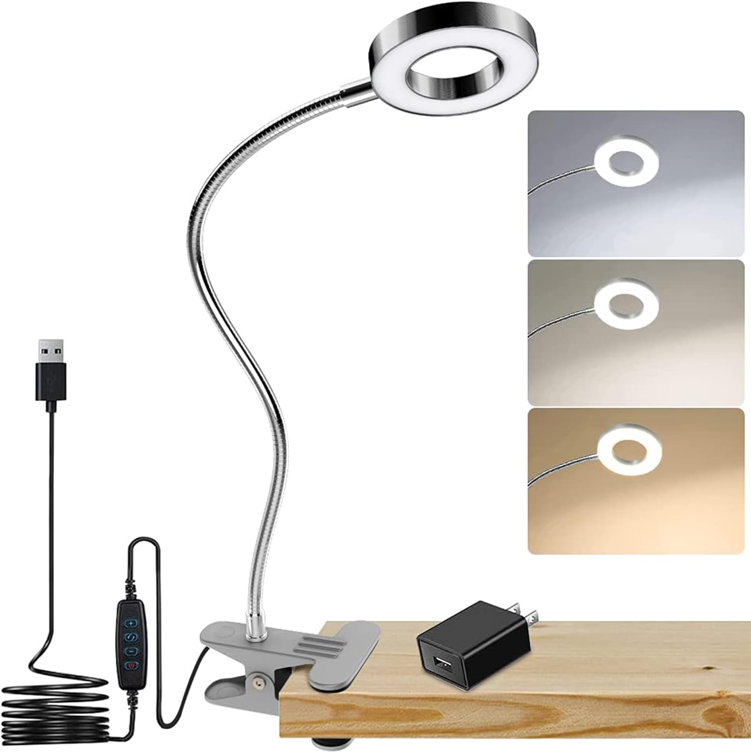 DLLT Dimmable Clip on Reading Light, 48 LED USB Bed Night Lights with 3 Colors, 15 Brightness Level Book Light Flexible Clamp for Makeup Mirror, Desk, Bedside, Headboard, Piano, Computer Light(Silver)