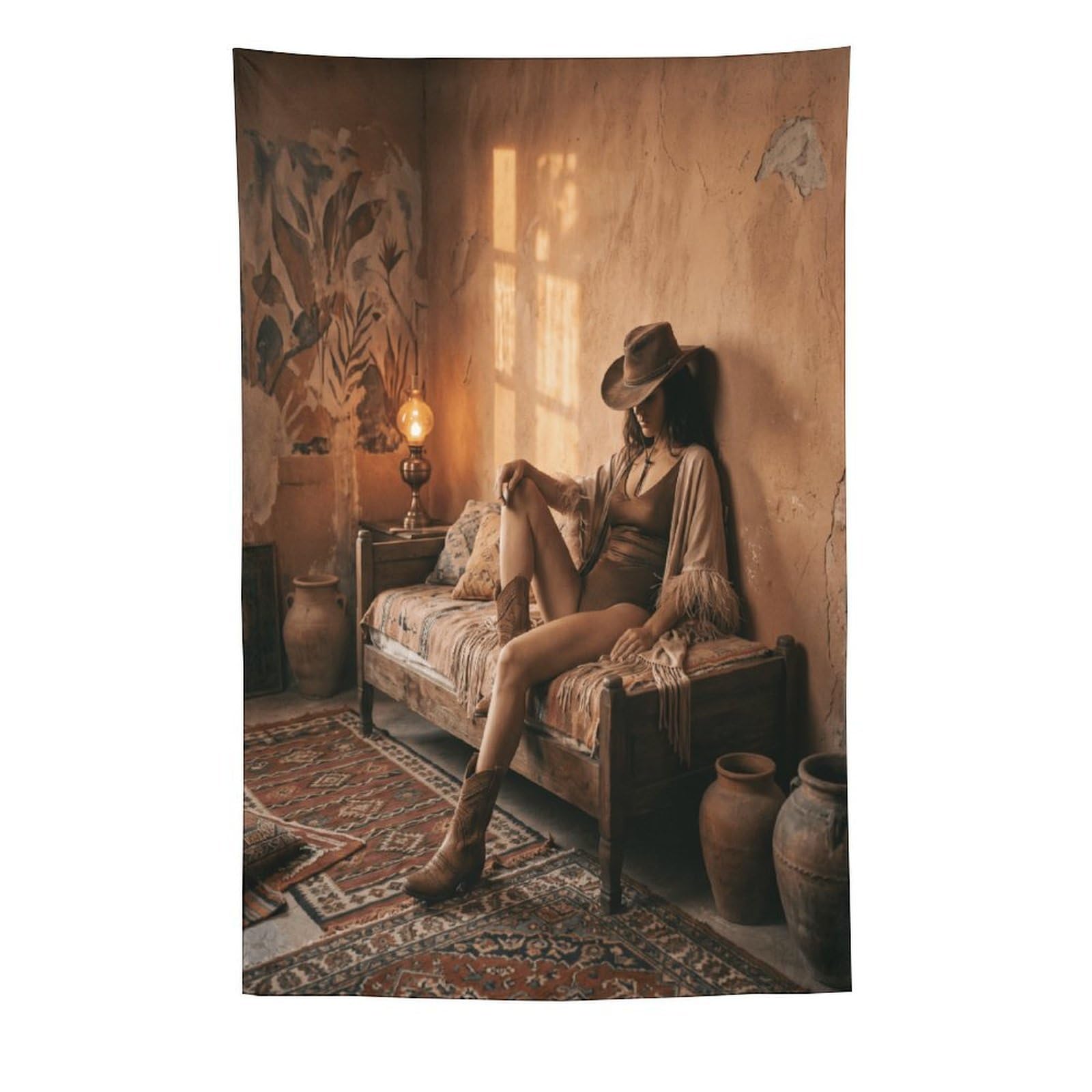 H3B8U2Y5 Boho Cowgirl Lounge Wall Tapestry, Detailed Illustration, Backdrop