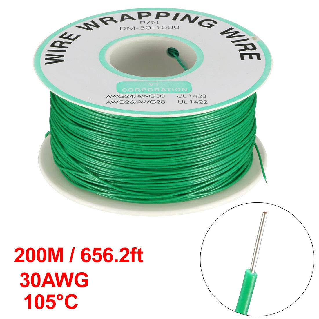 uxcell OK Wire Tin Plated Copper Cord Wire Wrapping P/N DM-30-1000 30 AWG 650ft Length Green - Image 2