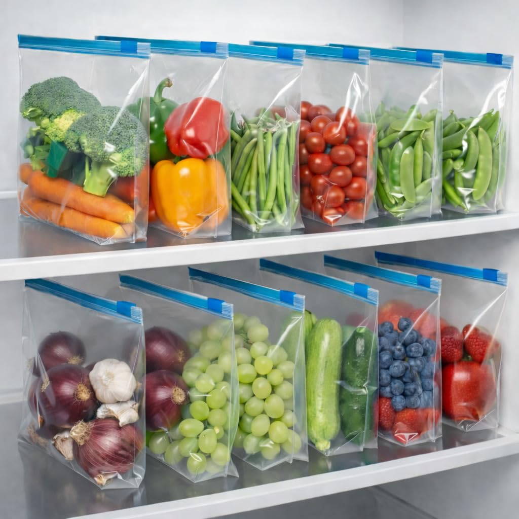 reusable plastic food storage bags leakproof stand up ziplock freezer bags -bpa free airtight sealing bags for organization, fridge washable storage vegetables, fruits (blue, 10 pcs)