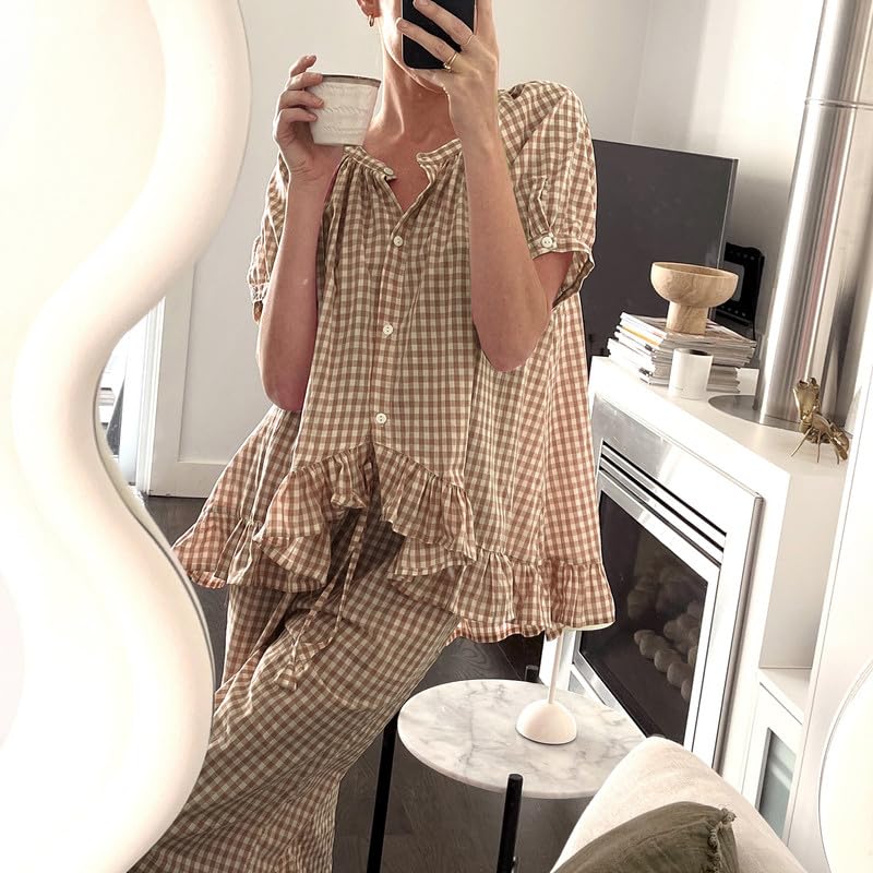 Image of Argeousgor Women Plaid 2 Piece Pajama Set Button Down Puff Sleeve Babydoll Shirt Gingham Pants Pj Lounge Set Sleepwear