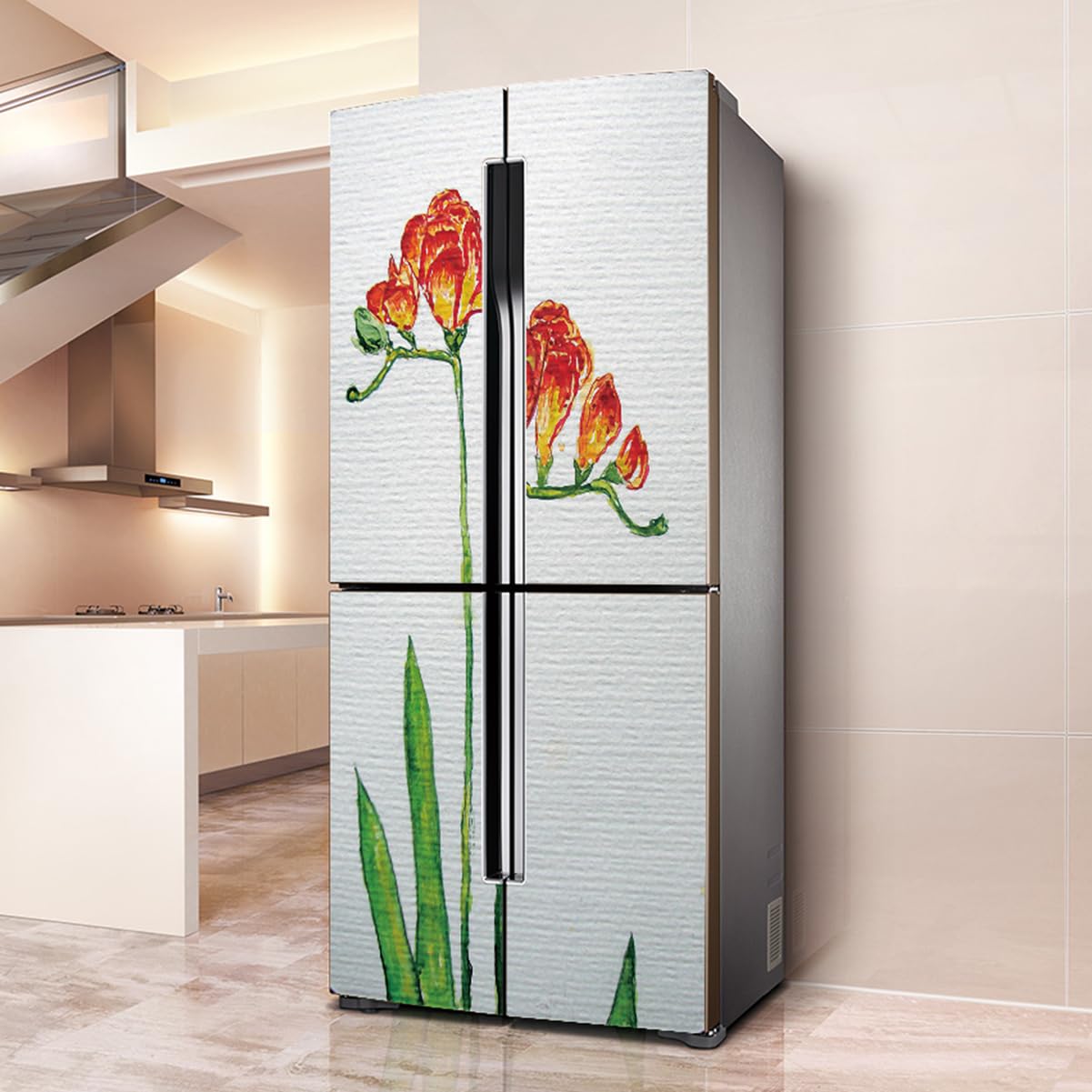 Fridge Sticker, Fridge Sticker Full Covering Door Covers Decor, Freezer Skins Wall Stickers for Kitchen Decal, Nordic Simple Flower(L: 100x180 cm)