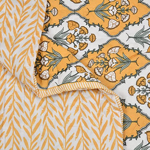 Image of BLOCKS OF INDIA Cotton Single Size Quilt Hand Block Print for Light Winters (60x90 Inches) (Yellow Flower)| TC - 300