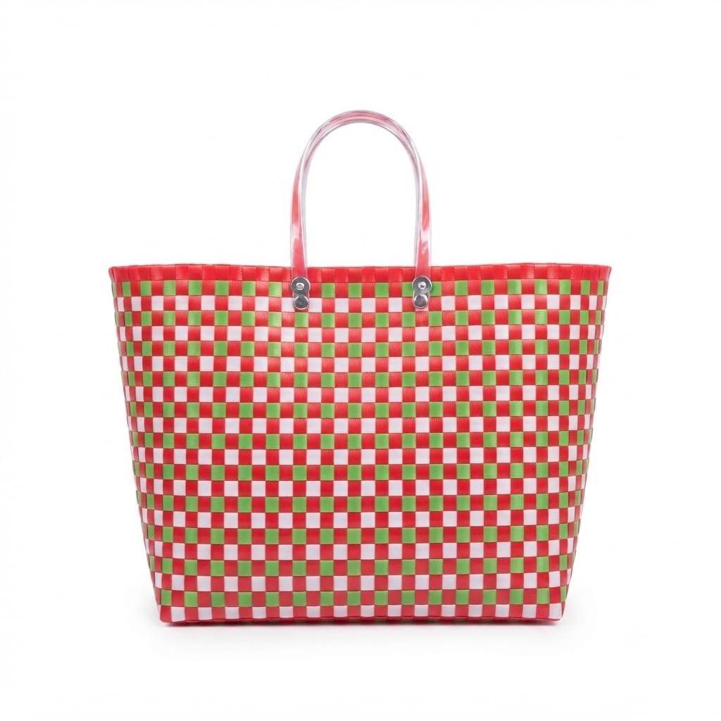SASTI GLOBAL BAZAAR Handmade Plastic Wire Woven Basket for Grocery, Shopping, Lunch, and Picnic | Traditional Multipurpose Checkered Reusable Tote Bag for Women (Red, White & Green)-image-2
