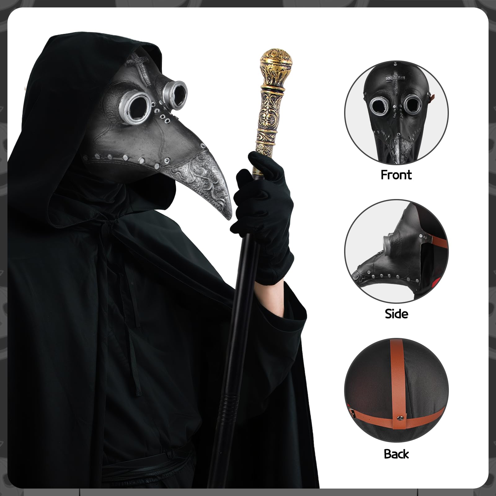 Lifreer Plague Doctor Costume Set, Plague Doctor Mask, Long Nose Beak Steampunk Props and Black Gloves, Hooded Cloak - Image 4