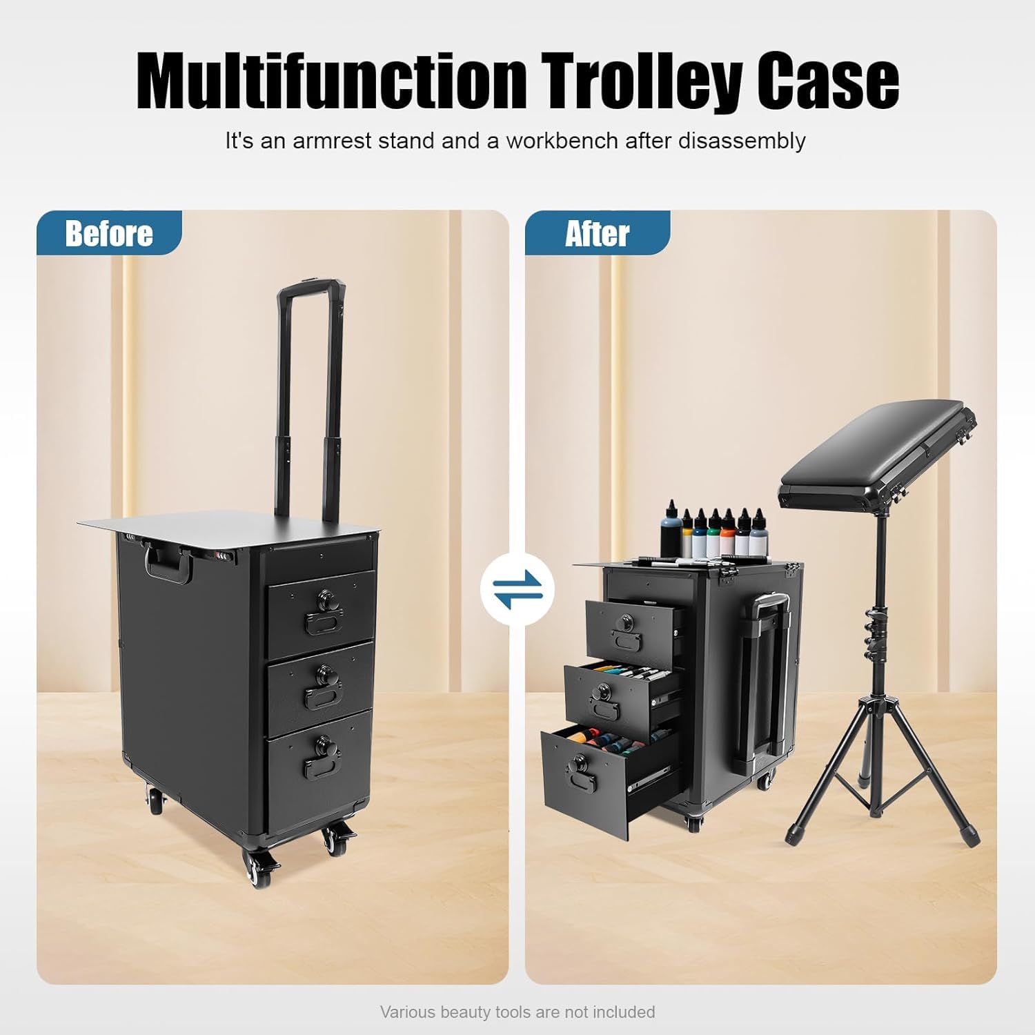 Futchoy 2 in 1 Kosmetikkoffer Trolley mit Armlehnenständer,Schminkkoffer Nagelkoffer mit Rollen,Tattoo-Station Koffer 3 Schubladen,Make-up Koffer für Tattoo, Beauty-Werkzeuge, Schwarz (Acrylplatten)