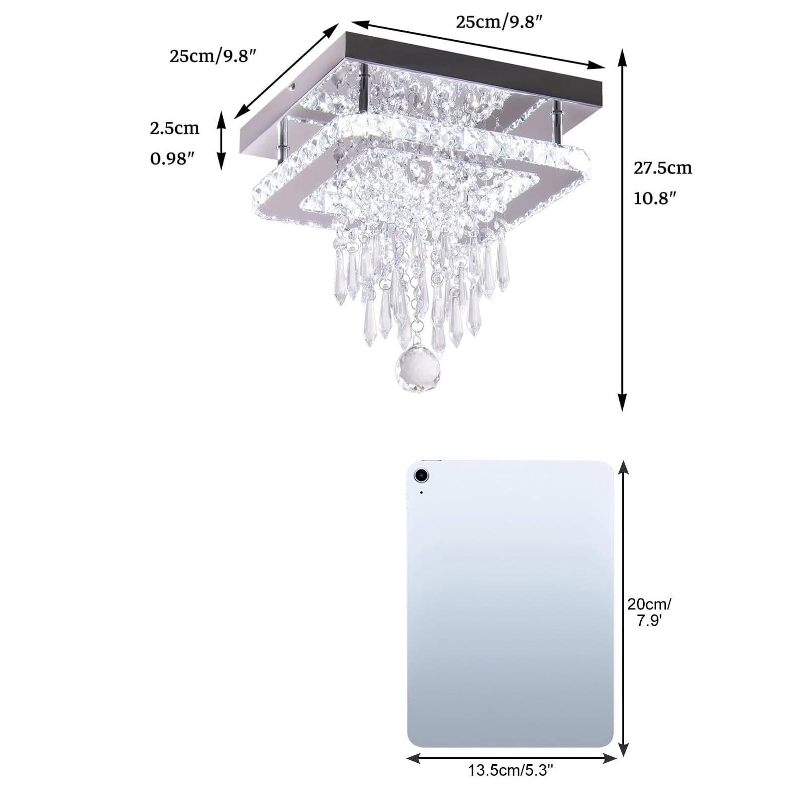FRIXCHUR Lampadario quadrato in cristallo moderno - Plafoniera LED da incasso - Per sala da pranzo, camera da letto, soggiorno, corridoio (bianco freddo)