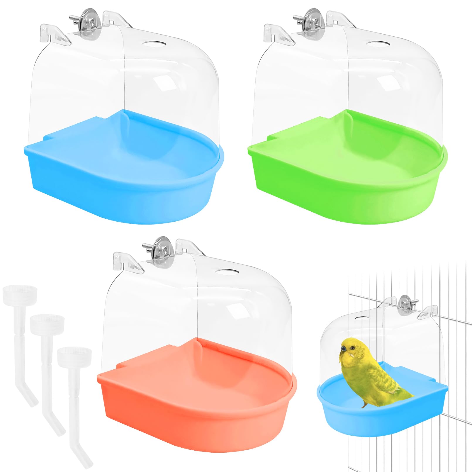 Tfwadmx 3Pcs Bird Bath for Cage Hanging Parakeet Bath Box Clear Bird Bathtub Water Shower Food Feeder Bathing Tub for Cockatiel Conure Canary Budgies