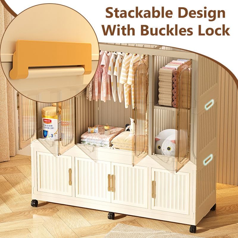 EXVITO Modern Multi-Layer Storage Cabinet with Transparent Doors & Wheels, Freestanding Organizer for Bedroom, Living Room or Nursery, Dustproof Clothes & Household Storage Cupboard - Beige 1