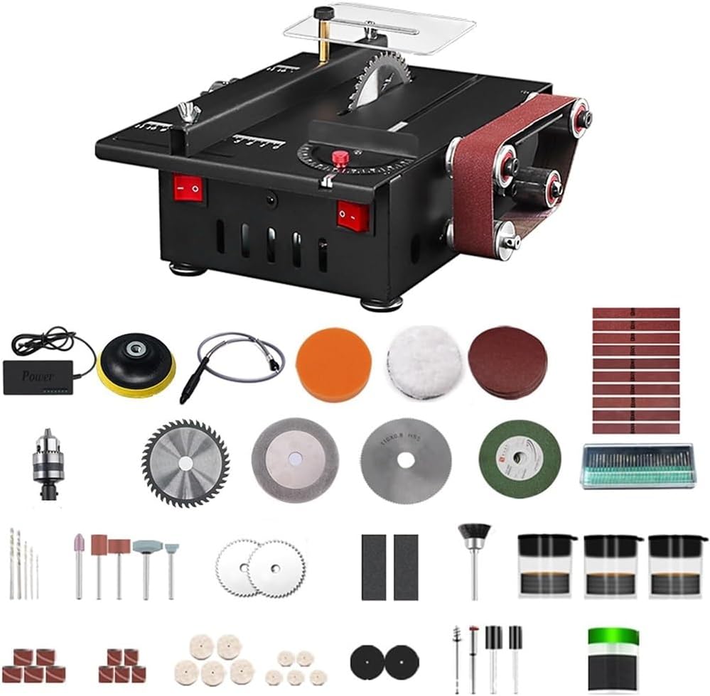 Grinder，150W Mini Bench Saw and Belt Sander with Extension Rod, Collet, Grinding Carving Drilling Kit, Variable Speed Circular Table Saw 30mm Cutting Depth DIY Benchtop Sanding Machine