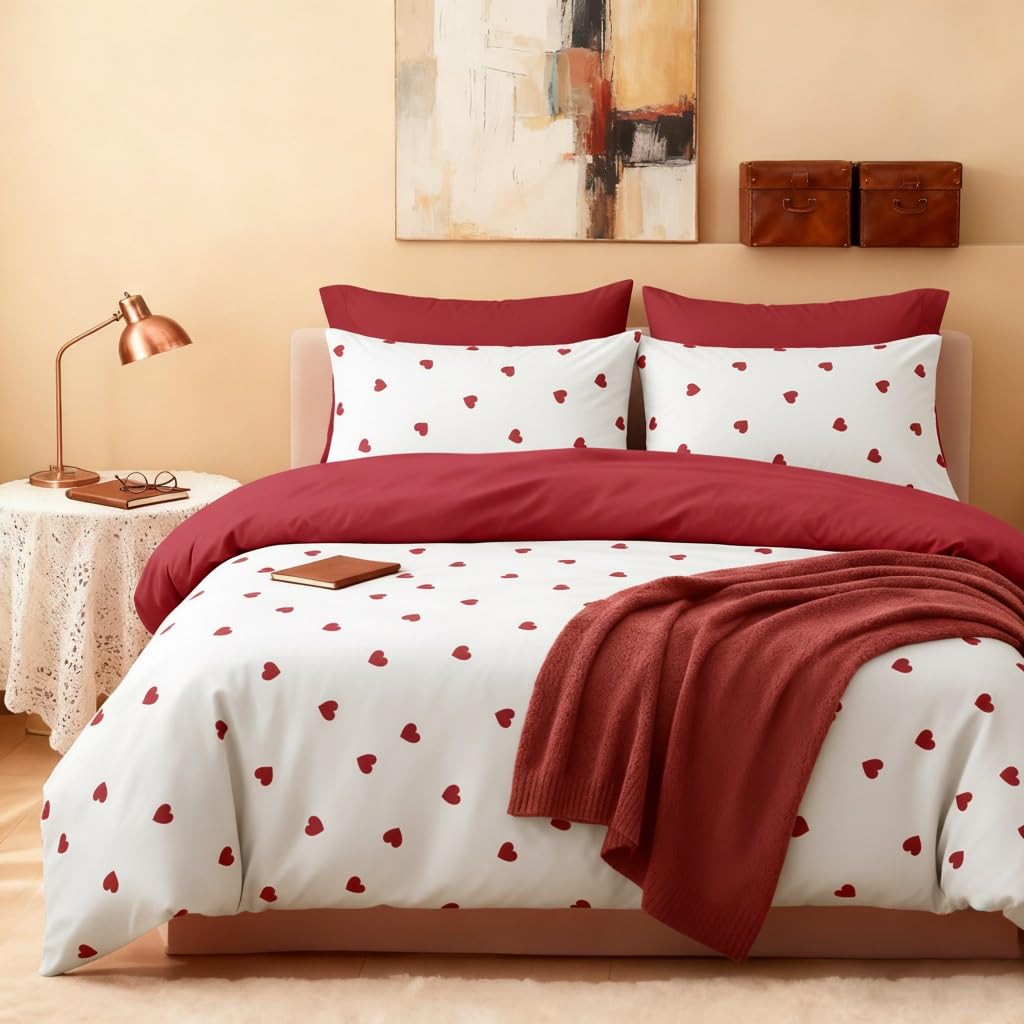 Freyamy White Double Duvet Cover Set - 3pcs Aesthetic Red Heart Bedding Sets Reversible, Lovely Red Reversible Bedding Sets Single Size 200x200 cm and 2 Pillowcase 50x75 cm — image 1