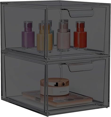 Paquete de 2 organizadores apilables de maquillaje y almacenamiento, organizadores acrílicos, cajones de almacenamiento de plástico transparente con