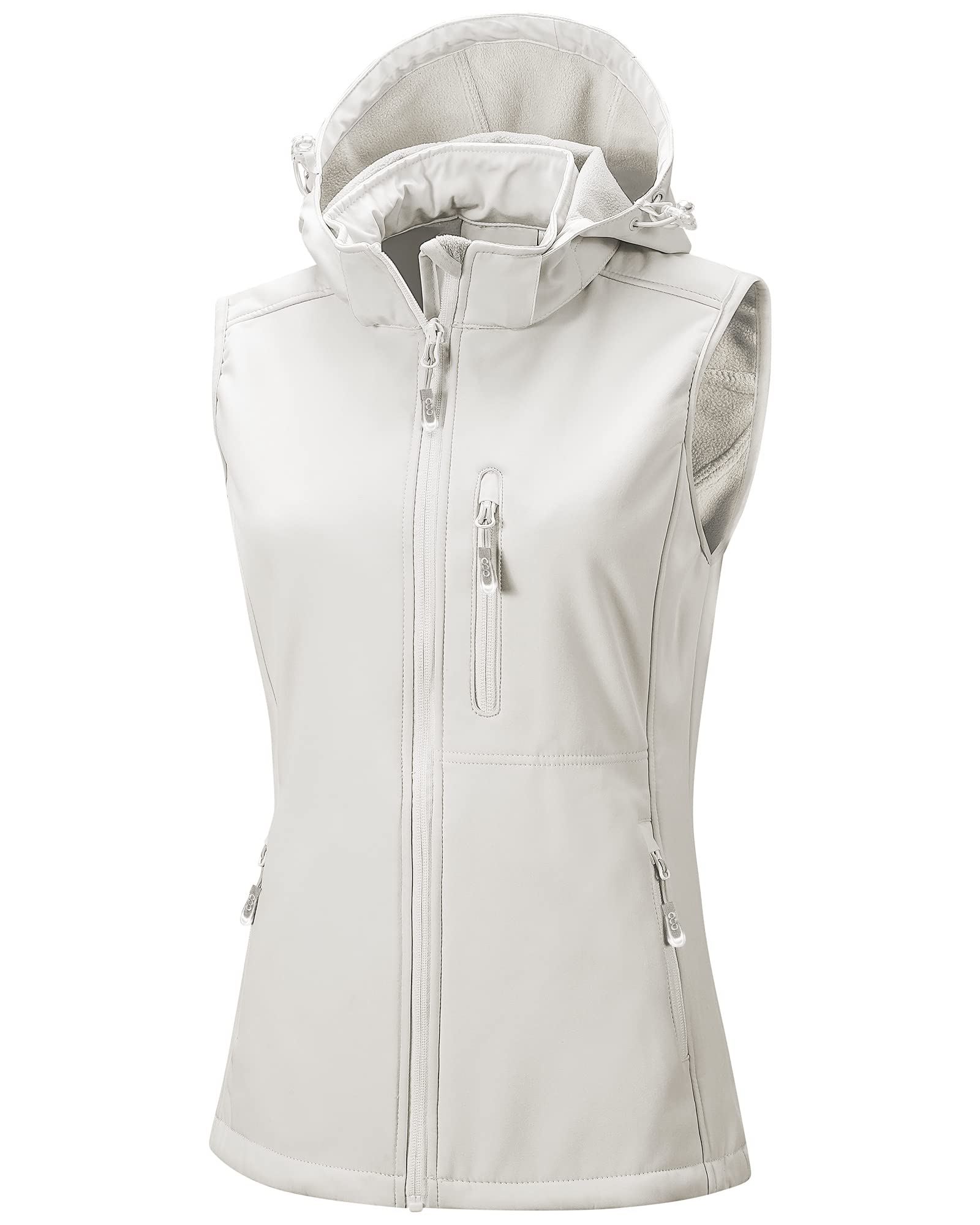 33,000ft Damen Softshell Westen mit Abnehmbare Kapuze Fleece Gefütterte Ärmellose Jacke Wasserdichte Winddichte Sportwesten Vest mit 5 Taschen für Reiten Laufen Wandern Weiß 3XL