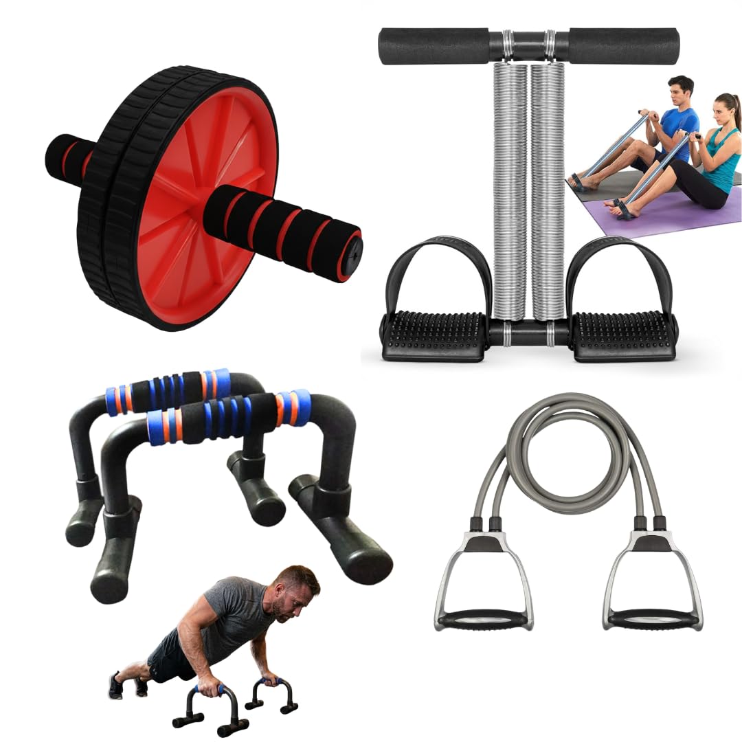 4IN1 Exercise Equipment Set | Ab Roller, Push Up Stand, Tummy Trimmer & Resistance Tube for Home Gym-image-43