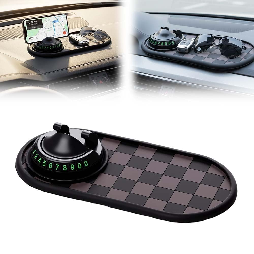 Multifunctional Car Anti-Slip Mat with 360° Rotating Phone Holder & Temporary Parking Number, Anti Slip Mat for Car Dashboard, Multi Functional Cell Phone Holder for Sunglasses Keys Small Items (#B)