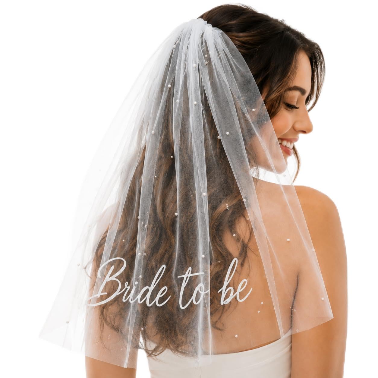 Bride Veil – Pearl Embellished White Tulle Wedding Veil With Secure Hair Clip For Bachelorette Party Bridal Shower Engagement Photo Shooting Decor