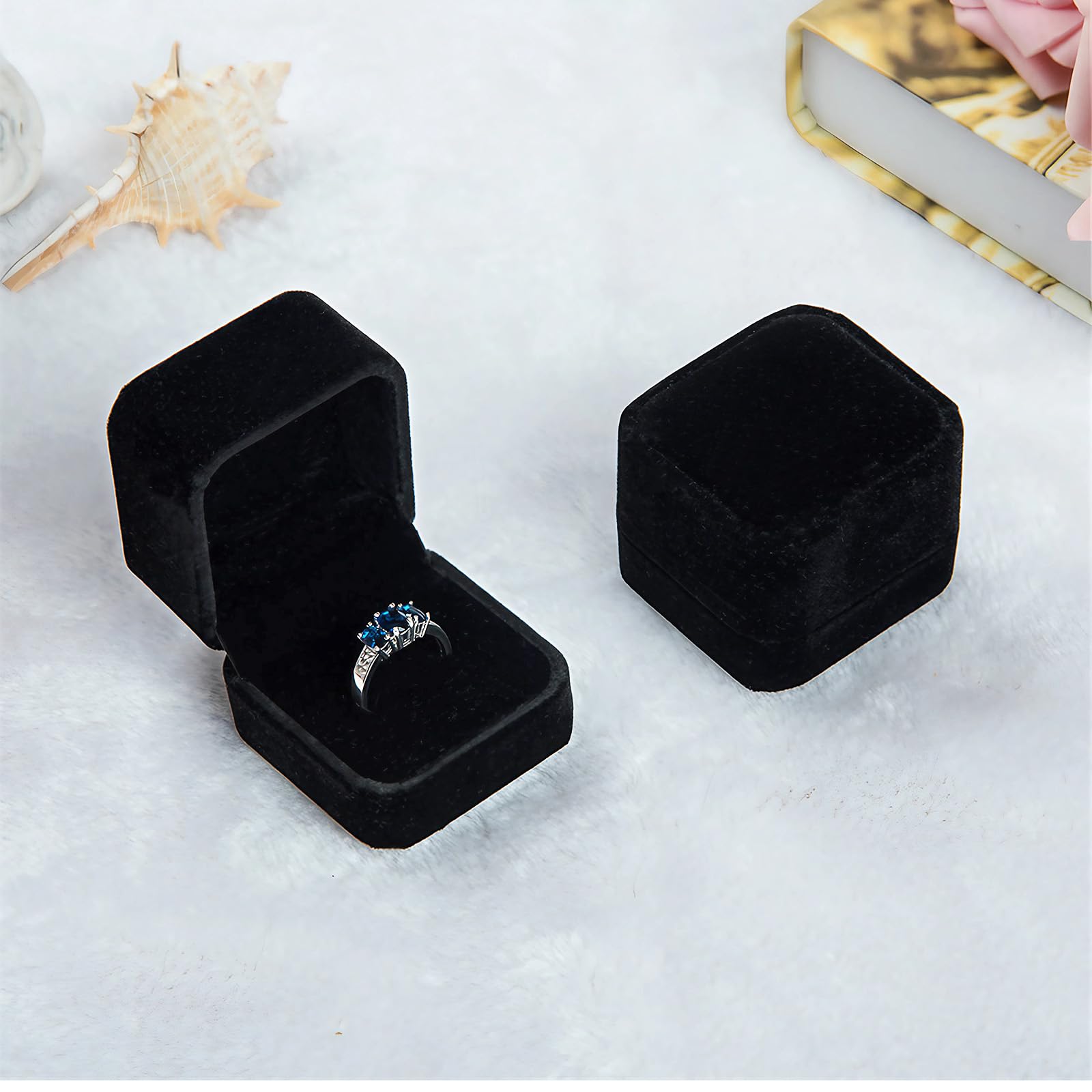 Voarge Custodia per anelli, in velluto, confezione regalo, per proposte di matrimonio (nero, 50 x 55 x 45 mm