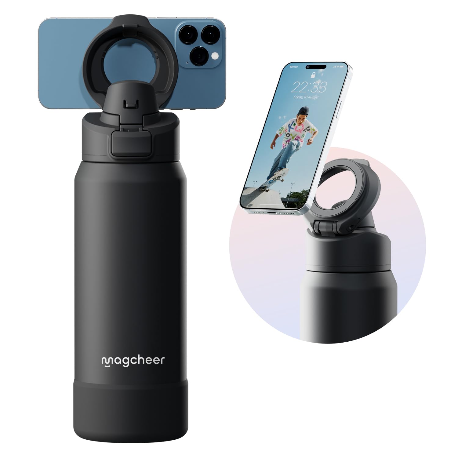magcheer 1L Borraccia Magnetica con Porta Telefono | Treppiede Con Angoli Regolabili | Senza BPA A Prova di Perdite | Borraccia Termica 24ore Freddo per Palestra Ufficio Viaggi(Nero)
