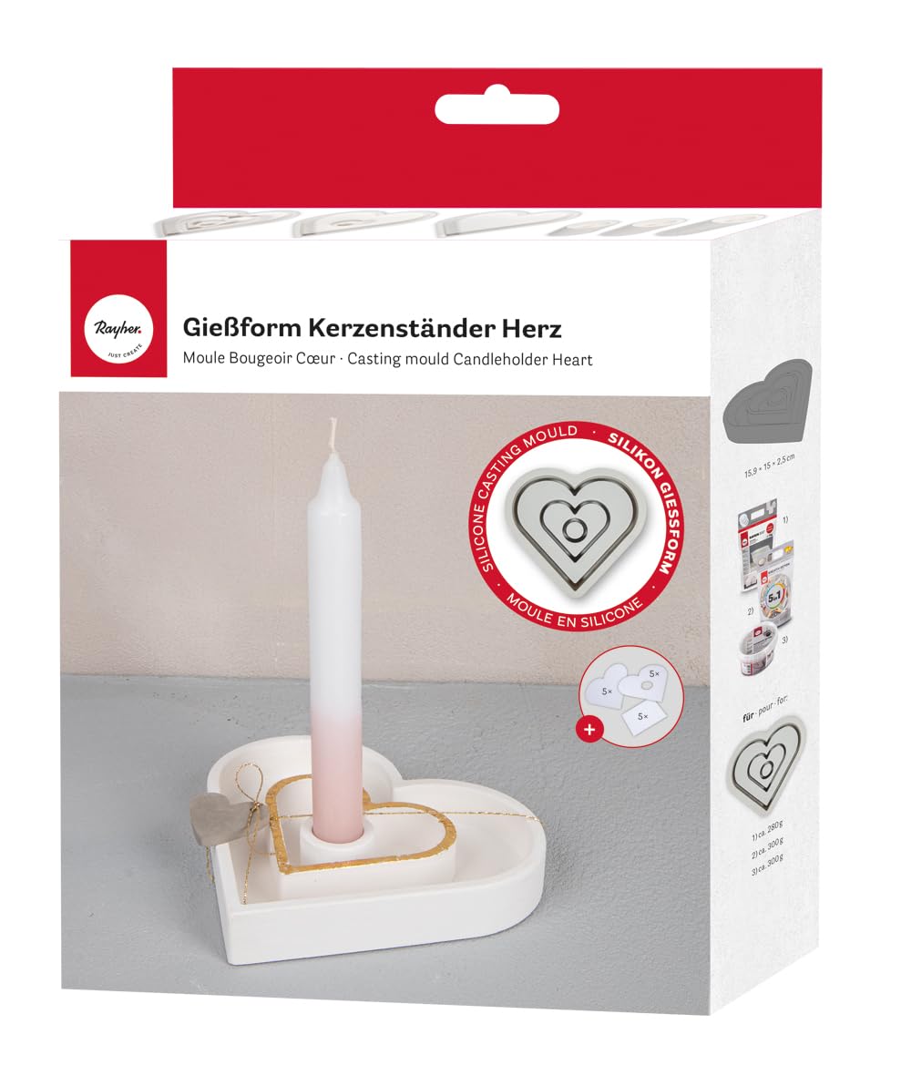 Rayher Raysin 36166000 Silicone Mould Candle Holder Heart, 15.9 x 15 cm, Height 2.5 cm, Includes 3 x 5 Stencils, for Pouring with Creative Concrete, Raysin Casting Powder