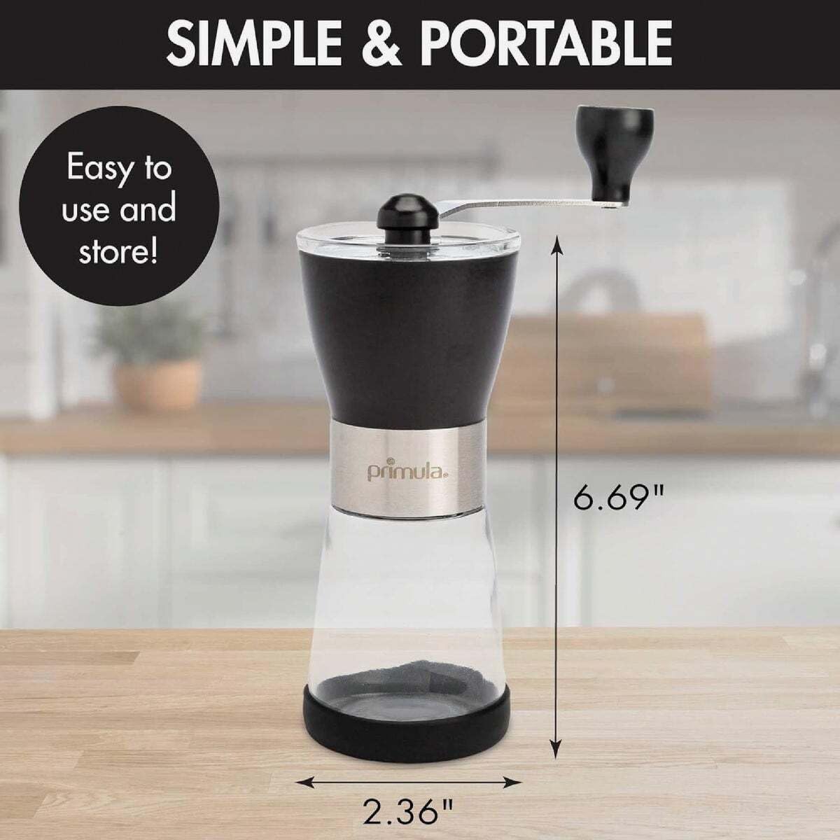 Primula Molinillo de café manual ajustable para fresas, molino de cerámica y cuerpo de acero inoxidable cepillado, grano entero para prensa francesa, cerveza fría, espresso, camping
