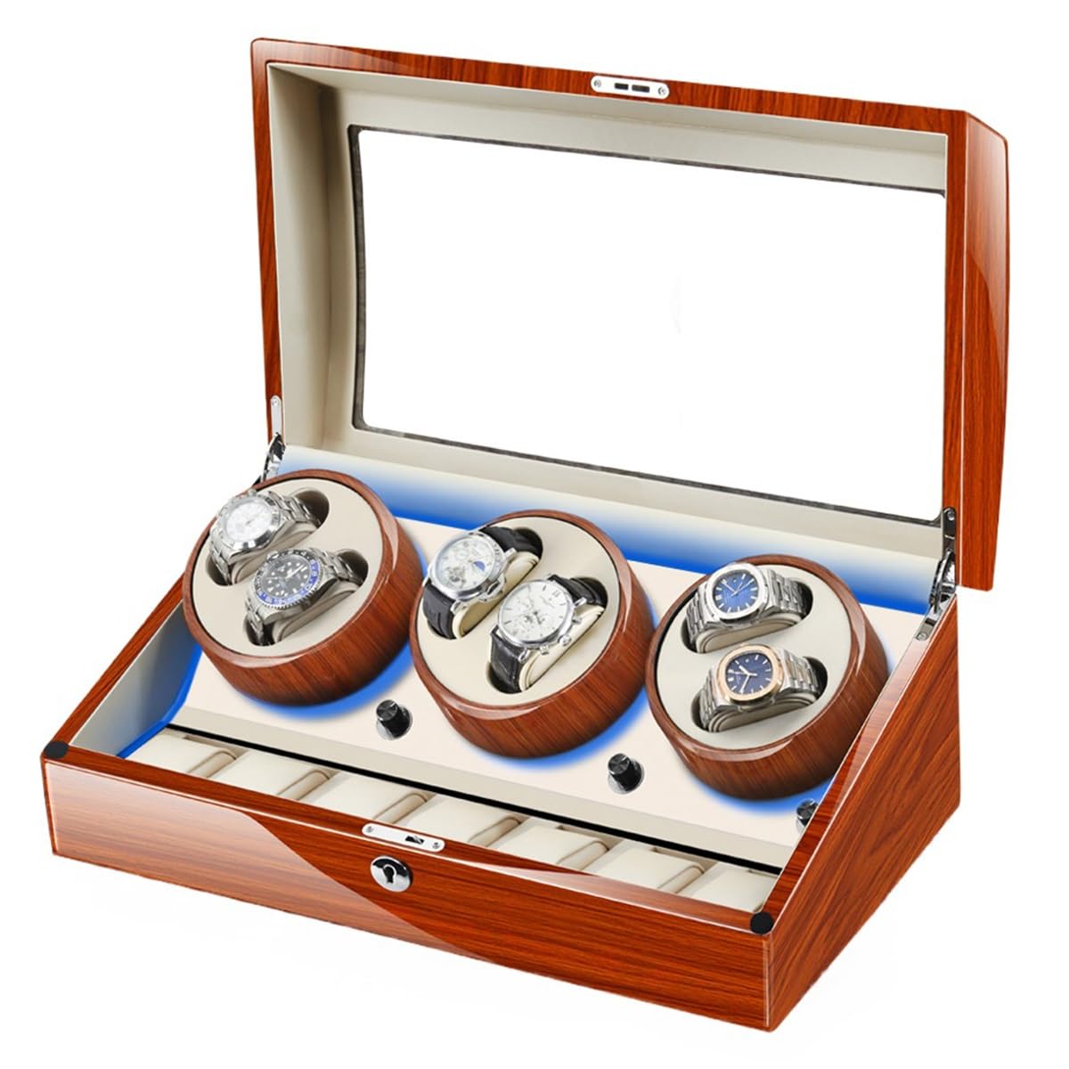 MYUYEE Watch Winder For 6 Automatic Watches With 7 Watches Storage Storage Display Box 5 Rotation Mode Wooden Shell Display Box With Silent Motor Wristwatch Turner (White-6+7)