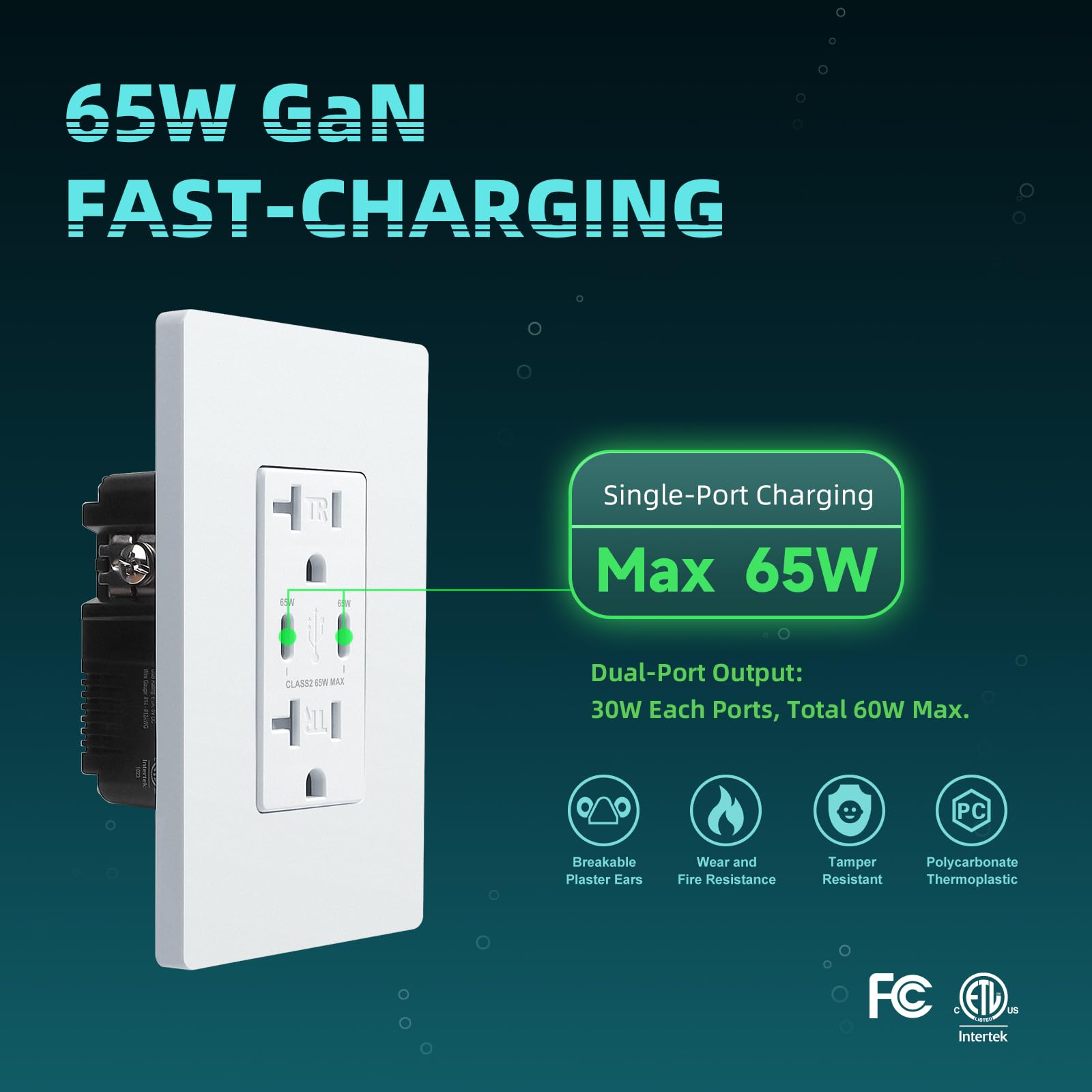 Wengart PD65W USB Wall Outlet – 65W GaN Fast Charger With USB-C & USB-A, Tamper-Resistant, UL Listed For MacBook & Laptop