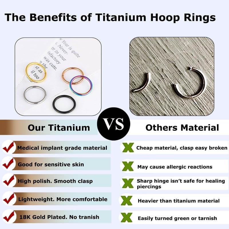 2Pcs Titanium Nose Rings 20G 18G 16G Nose Rings Hoops Septum Clicker Hinged Segment Ring Cartilage Helix Tragus Conch Daith Rook Nostril Hoop Piercing Earring, Diameter 5mm to 12mm Silver-Gold-Rose Gold-Black3