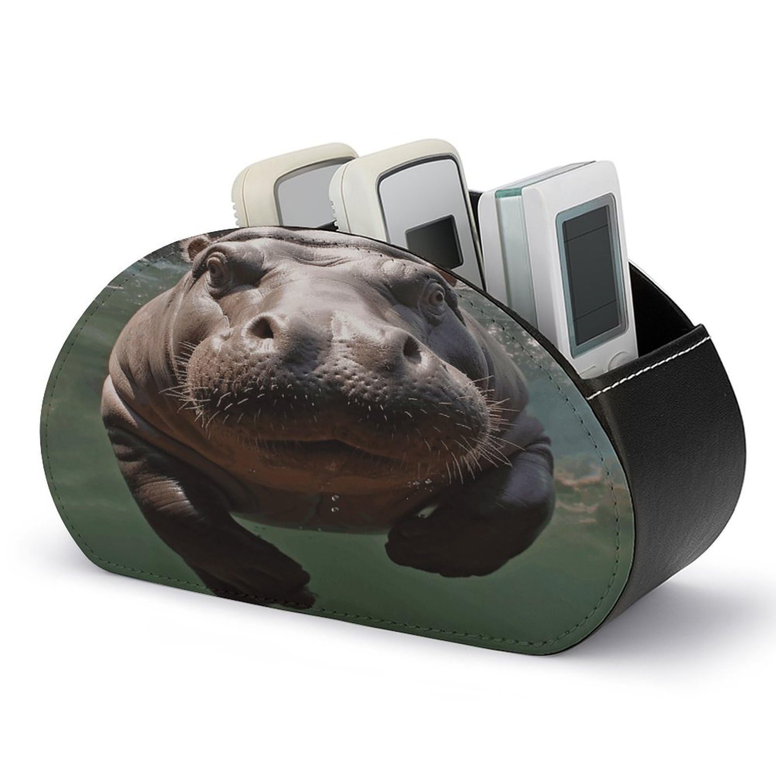 VstaDank Diving Hippo Remote Control Holder with 5 Compartments Pu Leather TV Remote Caddy Storage Box Desktop Organizer Store Controller DVD Brush Pens Glasses&Office Supplies