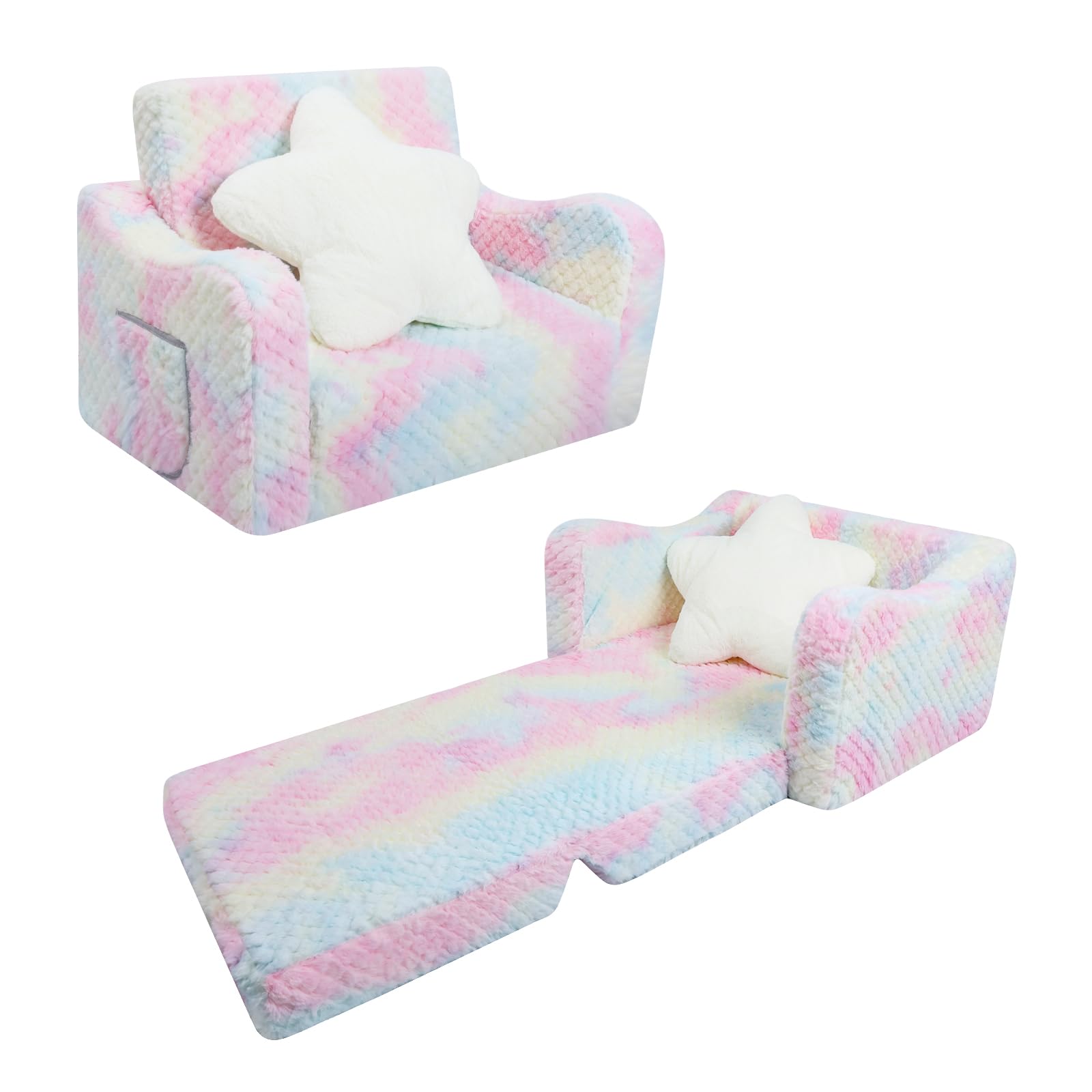 Divano Bambini Trasformabile 2-in-1,Poltroncina Pieghevole per Bambini Ragazze con Cuscino a Forma di Stella ,Comoda Divano Letto per Bambini per Camere da Letto e Soggiorno,Rosa Griglia Diamantata