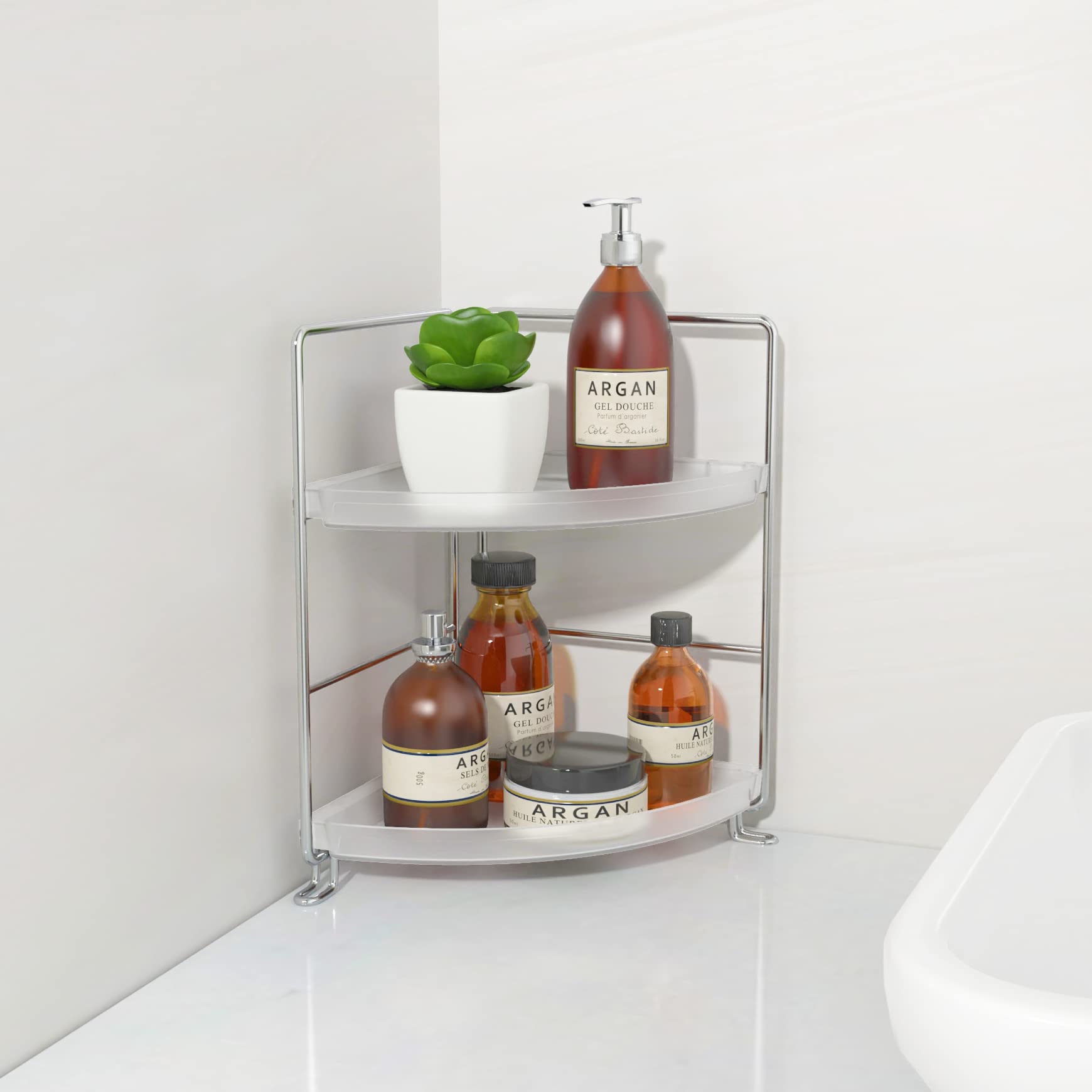 NLBTW 2 Tier Corner Bathroom Shelf Vanity Organizer,Bathroom Organizer Countertop and Storage Cabinet for Makeup Skin Care Perfume Organizer Tray or Kitchen Spice Rack (Silver & Translucent)