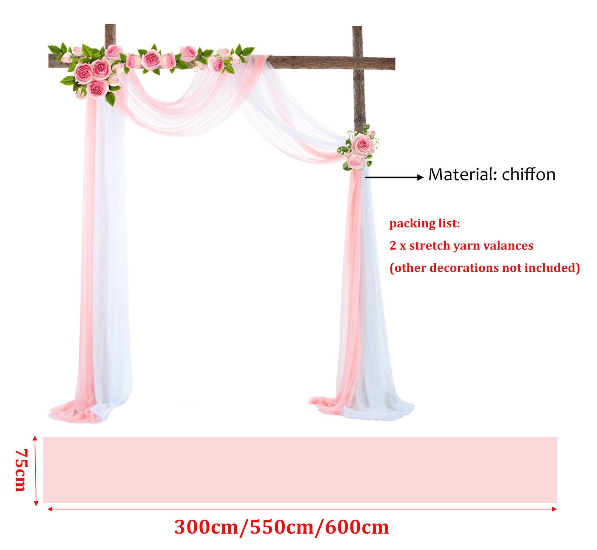Hochzeitsbogen Tüll Stoff, Querbehang Deko Hochzeits Tisch, Chiffon Organza Stoff Querbehang Fenster, Tüllstoff Dekostoff für Traubogen, Gardinen, Verlobung Deko (Color : E, Size : 75x550cm (pack of