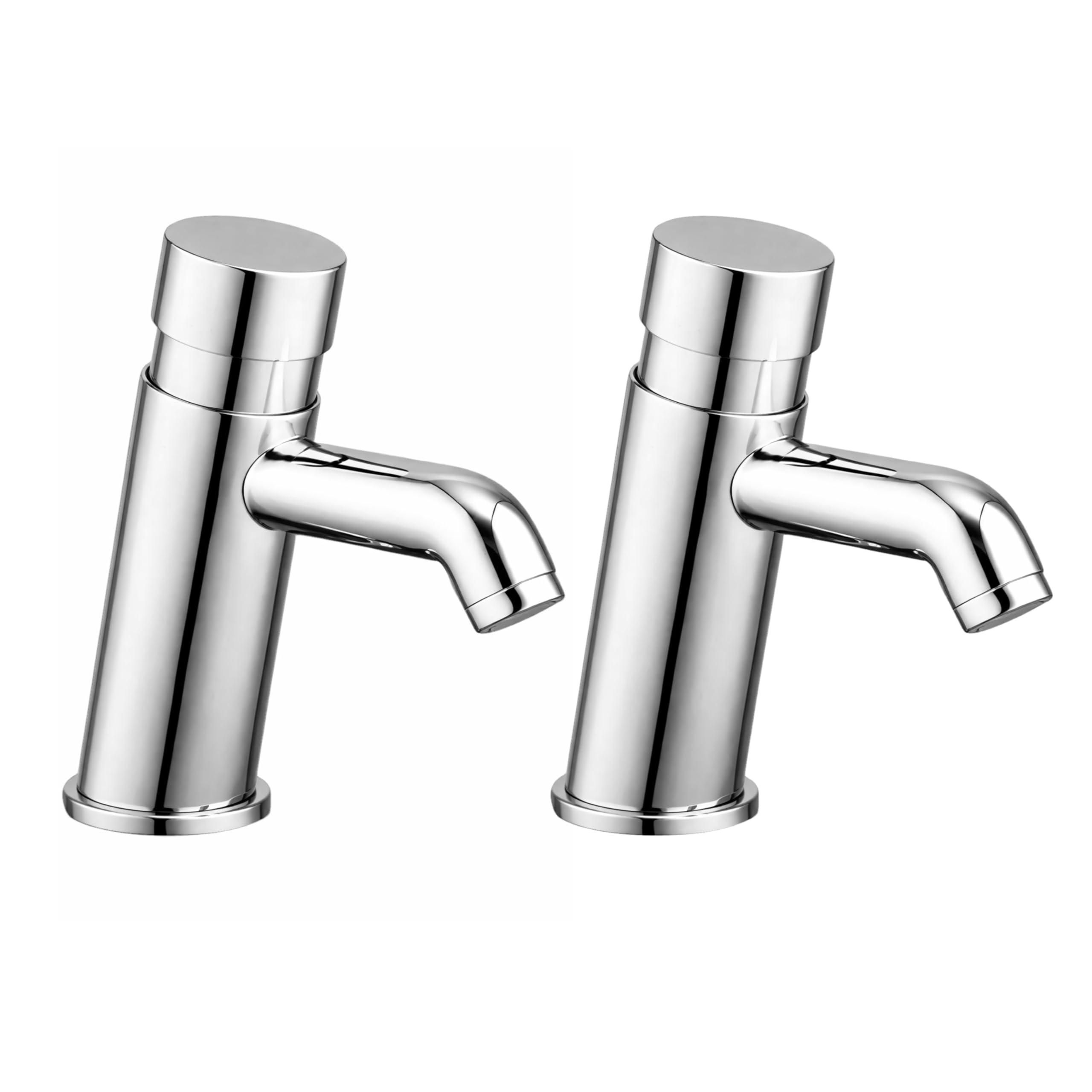Grifo de lavabo cromado con botón pulsador para baño, cierre automático, eficiencia de agua, temporizador ajustable, diseño moderno de latón, anillos de silicona rojos y azules