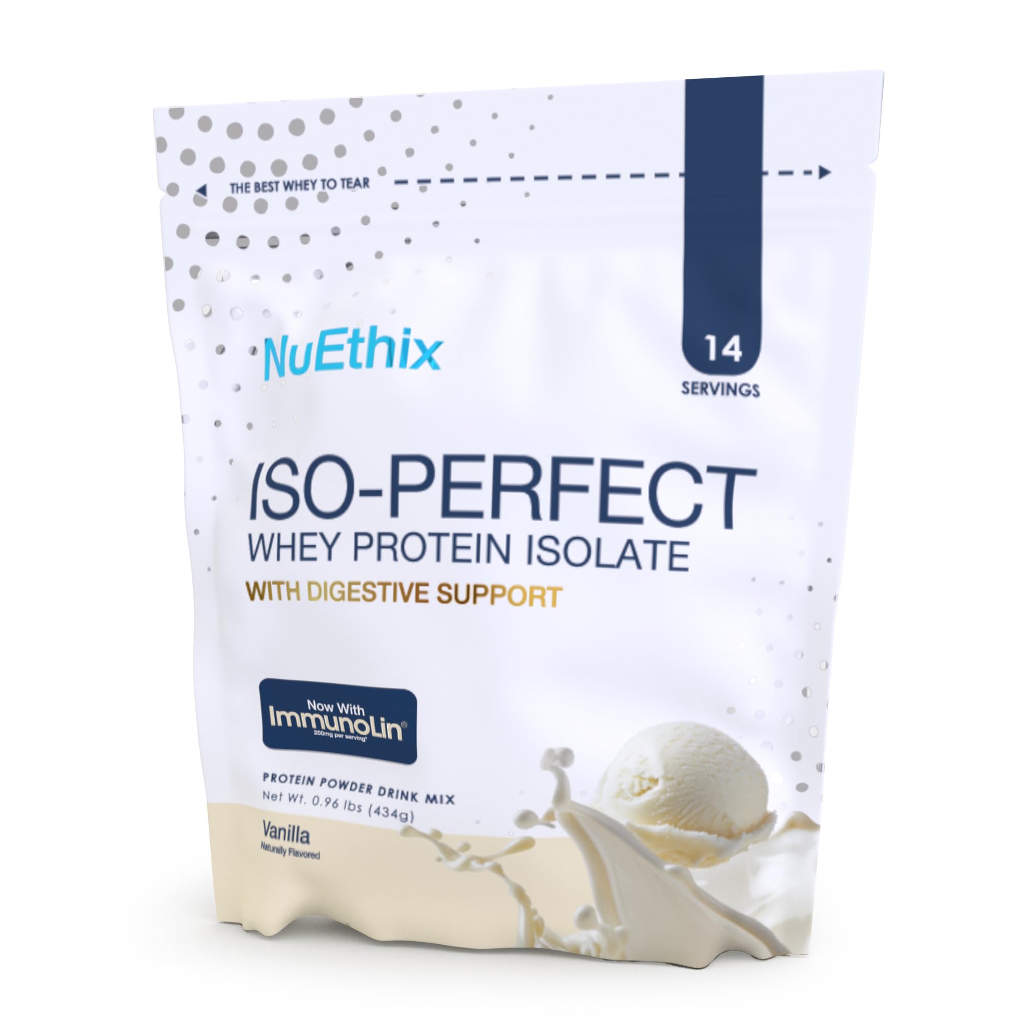 NuEthix Formulations ISO-Perfect Whey Protein Isolate Powder, 24g Protein, ImmunoLin for Gut and Immune Support, Digestive Support, Gluten Free, 14 Servings (Vanilla)