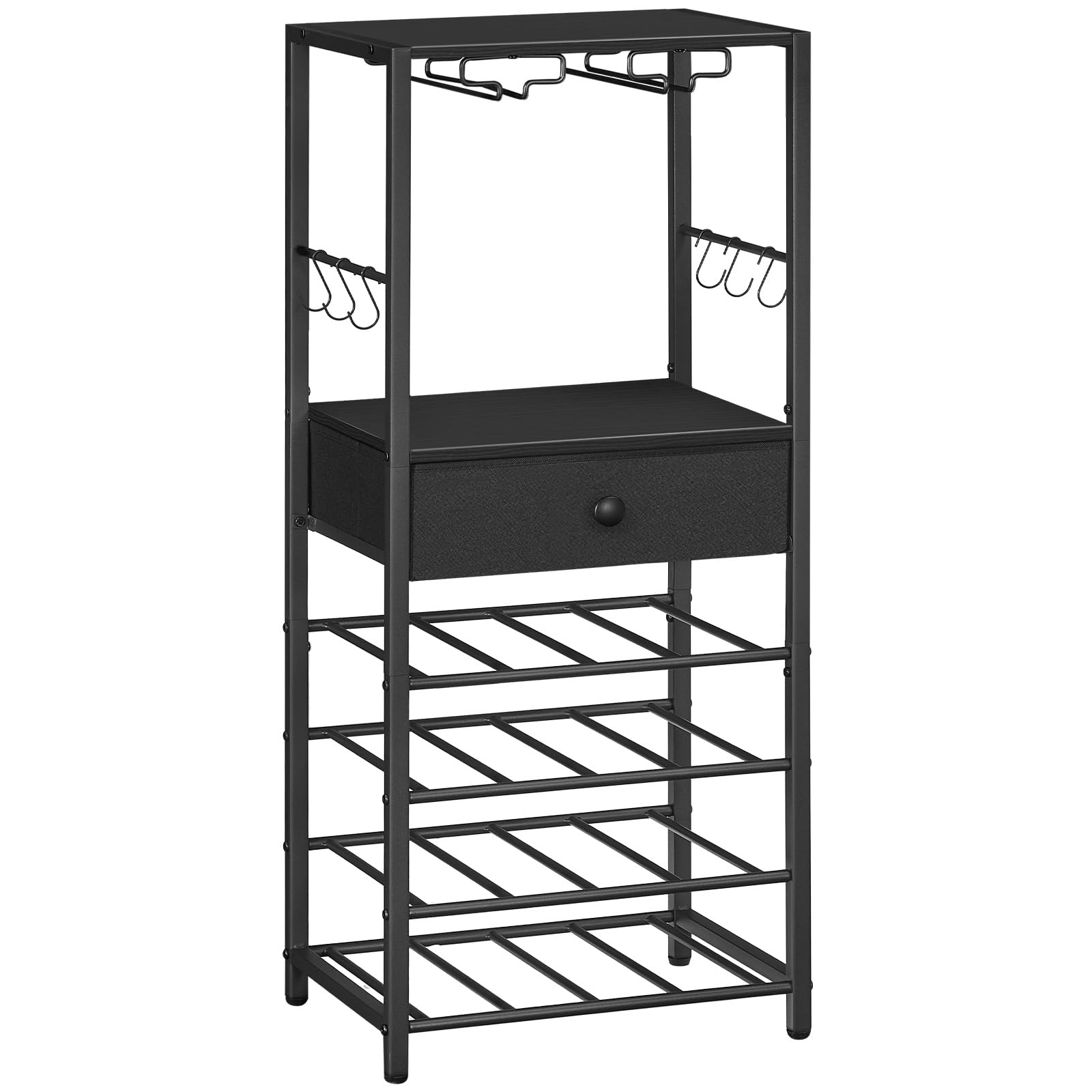 HOOBRO Scaffale Porta Vino, Portabottiglie a 6 Livelli con Porta Calici, Organizzatore da Bar per Bottiglie di Vino, con Cassetti e Ganci, per Cucina, Sala da Pranzo, Schwarz EBB10JJ01