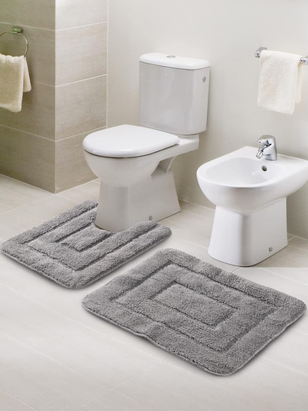 Saral Home Cotton Anti Slip Bathmat Set with Contour | Washable, Non-Slip & Quick-Drying Mats for Home/Kitchen/Office | Soft & Super Absorbent Mats for Shower (Grey, 45x60 cm & 45x50 cm)