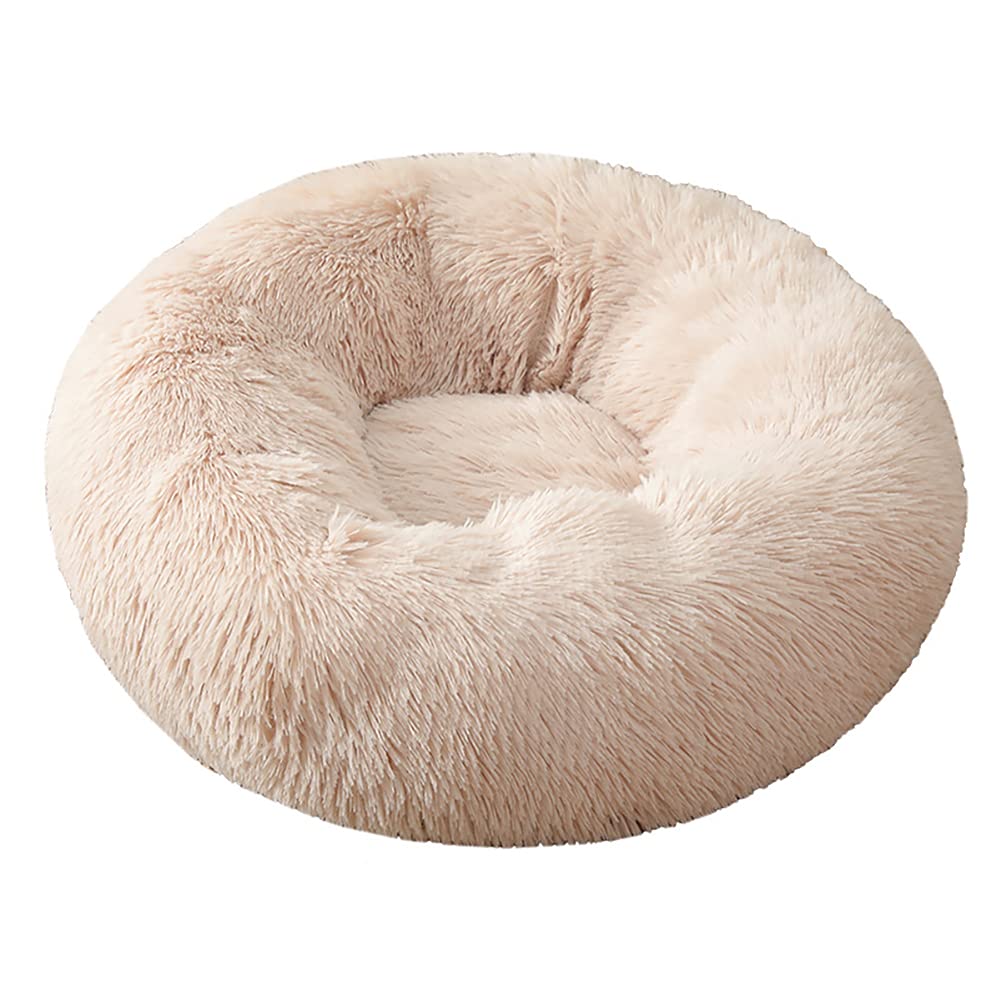 Cozomiz Calming Faux Fur Dog Beds Calming Donut Cuddler Dog Bed Washable Round Cat Bed Pillow Cuddler Fluffy Indoor Dog Calming Beds with Anti Slip Bottom Solid Color Beige 47 Inch