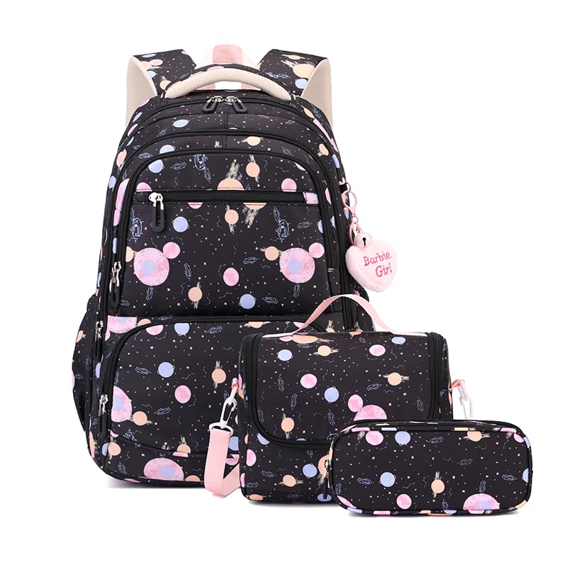 Mochila Escolar Feminina com 3 Peças, Estampa de Bolinhas, Kit com Bolsa de Lanche e Estojo, Rosa/Azul/Preto (Preto)