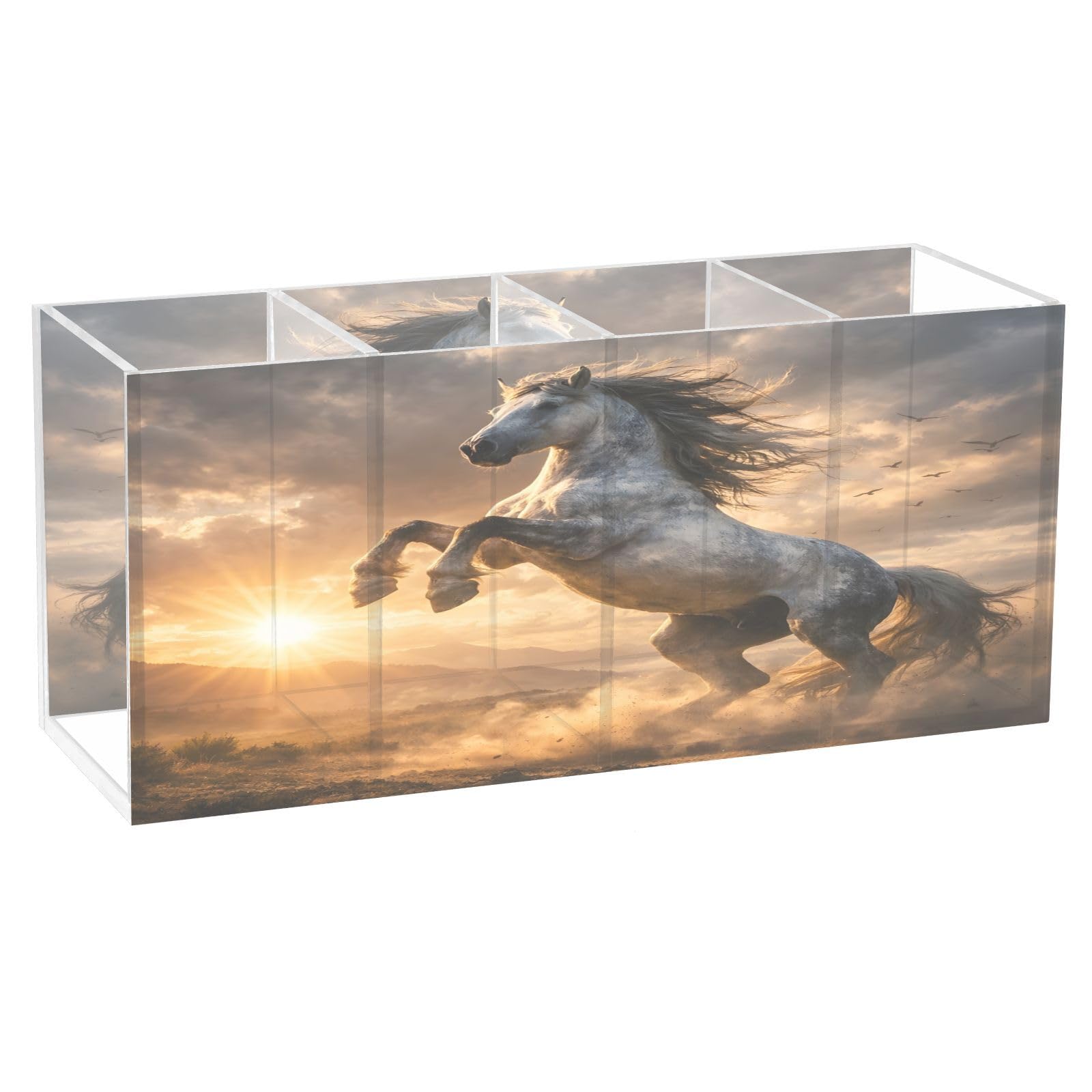 Ewusp Horse Acrylic Pencil Holder Cup 4 Compartments Pen Holder Desktop Stationery Organizer Makeup Brush Holder Desk Accessories for Home Office Supplies