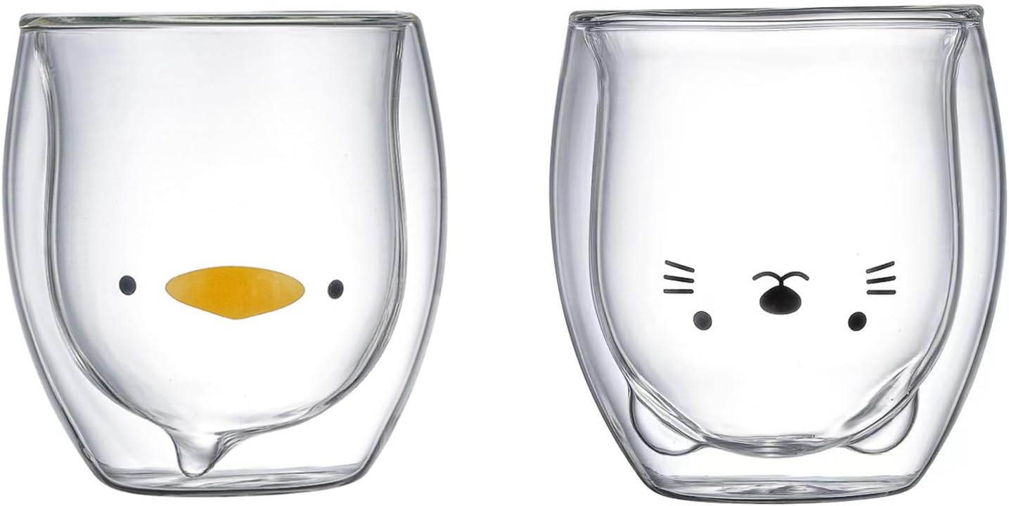 Duck Mug,2PCS Cute Bear Glass Cup Cute Coffee Mugs Double Wall Glass Milk Cup Bear Coffee Milk Espresso Mug, 230ML