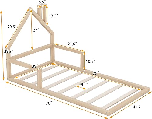 Miniatura 9 de P PURLOVE Cama Montessori de tamaño matrimonial con cabecera en forma de casa para niños, base de cama de madera tamaño matrimonial para niños, base