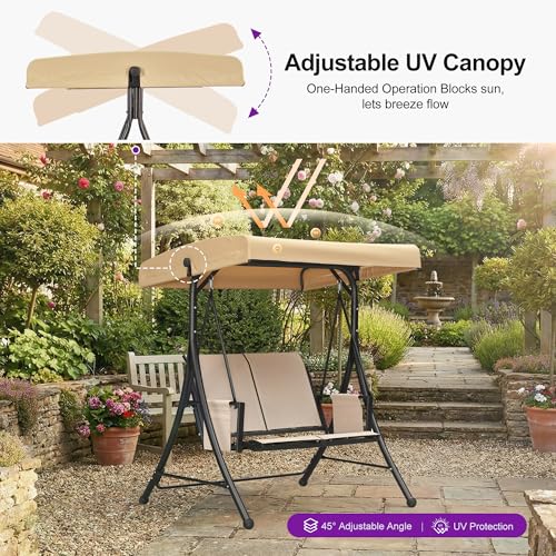 Image of PURPLE LEAF Porch Swing with Adjustable Tilt Canopy 2-Seat Patio Swing with Stand and Metal Steel Frame All-Weather Outdoor Swing Chair Seat Space-Saving for Backyard Garden Deck (Cream)